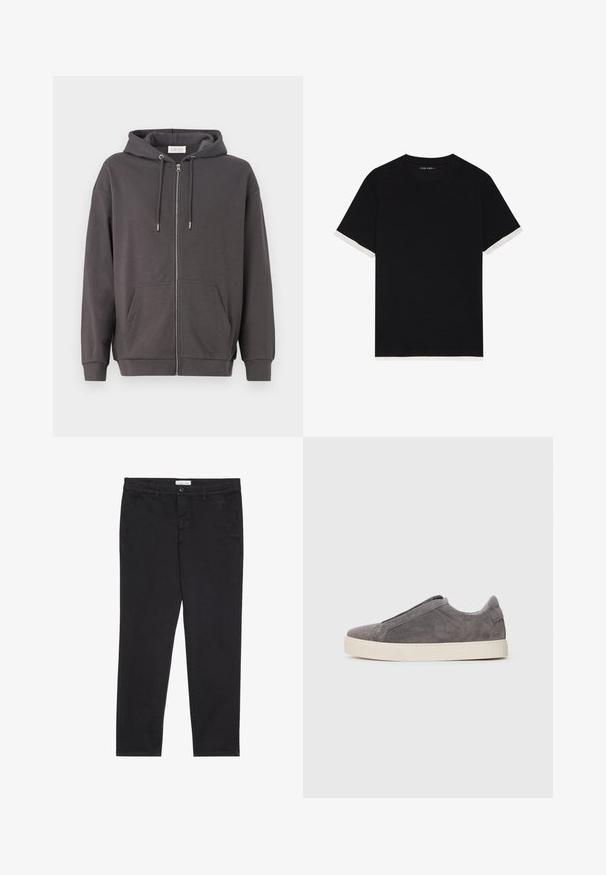 Szürke, cipzáros kapucnis pulóver, zsinóros kapucnival, nagy elülső zsebekkel és bordázott mandzsettákkal; puha, sima anyagból készült.; Fekete, rövid ujjas póló, texturált anyagból, fehér részletekkel a mandzsettákon. Kerek nyakkivágás, laza fazon.; Fekete pamut nadrág, slim fit fazonban, két oldalsó zsebbel és elülső gombos zárással. Textúrált anyag finom részletekkel.; Szürke velúr slip-on sneaker, texturált felülettel, elől elasztikus pánttal és fehér gumitalppal. Tiszta, minimalista dizájn.