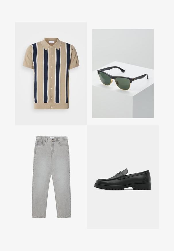 Tan kortärmad polotröja med marinblå och vita vertikala ränder, framfickor med knappar och en klassisk krage. Mjuk stickad tyg.; Två kortärmade skjortor: en helt svart och en vit med svarta vertikala ränder. Båda har knäppningar och en klassisk krage.; Ljusgrå denimbyxor med rak benform, femficksdesign och knappstängning. Synliga sömmar längs sömmarna.; Svarta lädersneakers med rund tå, med en sydd design, låg plattformssula och en texturerad, mönstrad gummisula.; Ray-Ban-solglasögon med gröna linser, svarta plastbågar och gyllene detaljer vid kanterna. Fyrkantig form med en matt yta.