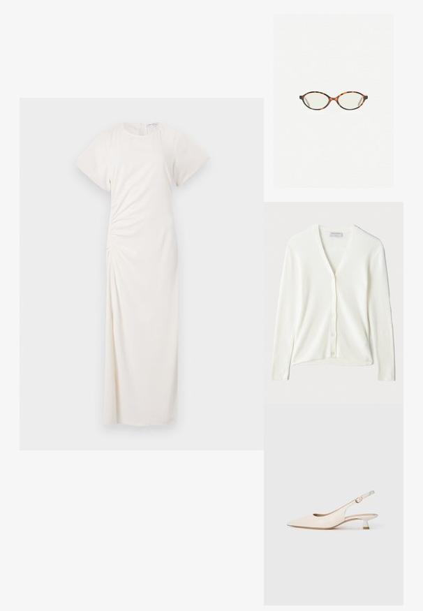 Cardigan alb cu dungi, având decolteu în V, mâneci lungi și închidere cu nasturi pe față. Textură moale și croială confortabilă.; Rochie albă cu mâneci scurte, decolteu rotund și detalii de pliere laterală; țesătură fină cu o siluetă lungă până la podea.; Pantof cu vârf ascuțit de culoare crem, cu toc mic și curea subțire, având o cataramă aurie, pe fundal alb simplu.; Ochelari cu ramă din tartan, cu lentile ovale și un finisaj elegant, neted. Prezintă margini subțiri cu o curbură subtilă la tâmple. Lentile clare.