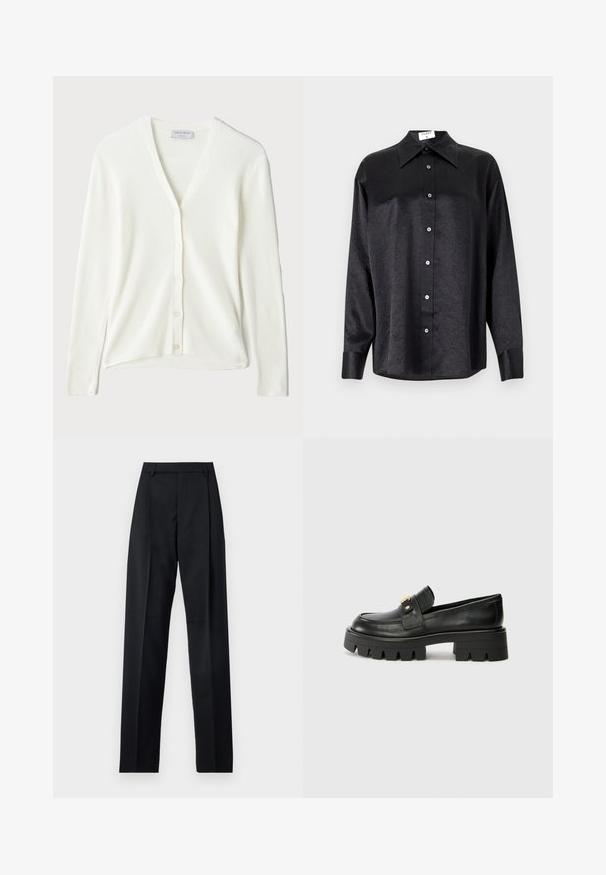 Hvit ribbet cardigan med V-hals, lange ermer og knappeåpning foran. Myk tekstur og avslappet passform.; Svart langermet skjorte med krage, som har en rynket tekstur, fullt knappet front og mansjetter. Laget av et glatt stoff.; Svarte bukser laget av glatt stoff, med høy midje, vide ben, frontfolder og klassiske beltehemper. Ingen synlige sidelommer.; Sorte skinnloafers med en kraftig såle, med en gulltoneakcent foran og en jevn finish. Kraftig mønsterdesign på sålen.