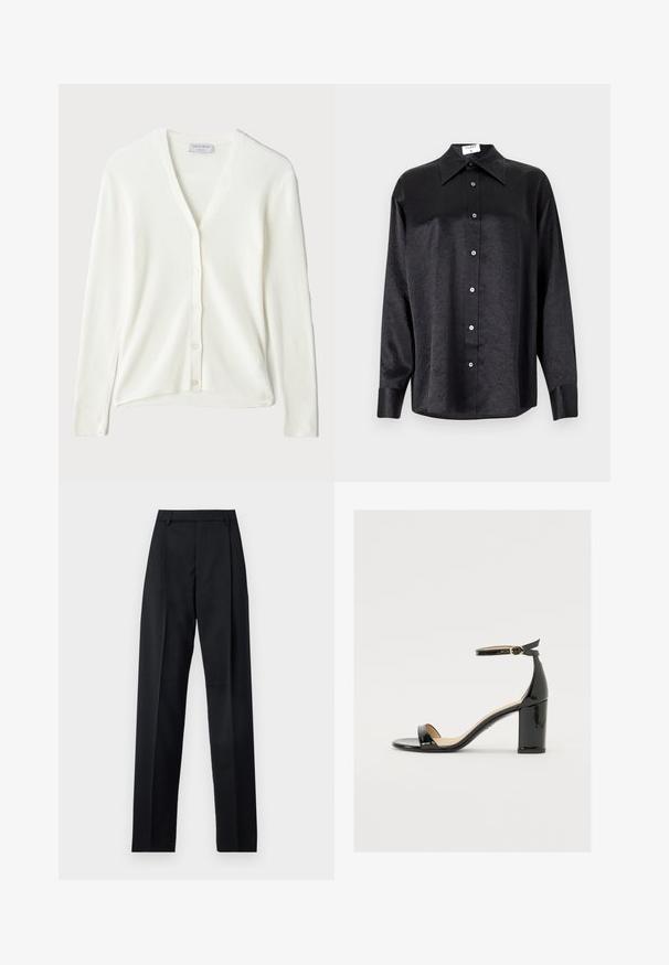 Hvid ribkantet cardigan med V-hals, lange ærmer og knaplukning foran. Blød tekstur og en afslappet pasform.; Sort langærmet skjorte med krave, der har en krøllet tekstur, fuld knaplukning foran og manchetter. Lavet af et glat stof.; Sorte bukser lavet af glat stof, der har høj talje, brede ben, frontfolder og klassiske bælteløkker. Ingen synlige sidelommer.; Sorte lakerede sandaler med bred hæl, åben tå og ankelrem med en guldbuckle. Glat tekstur og strømlinet design.