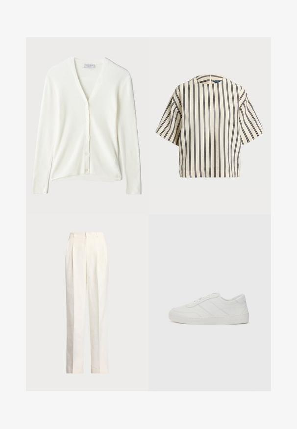 Valge ribadega kardigan, millel on V-kaelus, pikad varrukad ja nupuga kinni pandav esiosa. Pehme tekstuur ja lõdva istuvusega.; Kreemjas ja tumesinises triibuline lühikeste varrukatega top, millel on ümmargune kaelus ja kastmine disain, valmistatud tekstuurses kangas.; Polo Ralph Lauren HEMP WIDE LEG PANT - Püksid - nevis; Valge nahast sneaker, millel on lamedad paelad, ümar nina ja peened õmblused. Omab tekstureeritud tallat ja reljeefset brändi logo kanna juures.