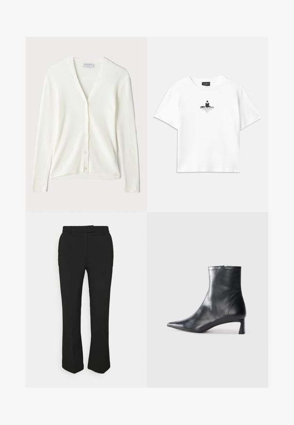 Hvid ribkantet cardigan med V-hals, lange ærmer og knaplukning foran. Blød tekstur og en afslappet pasform.; Hvid bomulds T-shirt med løs pasform, som har et sort grafisk print i midten, der inkluderer tekst og et silhuetdesign.; Sort skræddersyede bukser med lige ben, der har bæltestropper og sidelommer. Fremstillet af glat stof med en ren finish.; Sort læder ankelstøvle med spids tå og et strømlinet design. Har en lav hæl og en lynlås lukning bagpå. Glat tekstur.