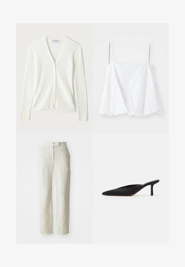 Witte geribde cardigan met een V-hals, lange mouwen en knoopsluiting aan de voorkant. Zachte textuur en een relaxte pasvorm.; Witte mouwloze top met dunne bandjes, gemaakt van lichtgewicht stof. Met een losse pasvorm en geplooide textuur aan de onderrand.; Witte linnen broeken met een slim fit, voorzien van een platte voorkant en rechte pijpen. Gladde textuur met een subtiele kreukeldetail.; Zwarte muiltje met spitse neus en een strak ontwerp, gemaakt van gladde stof, met een slanke hak en open achterkant voor gemakkelijk aan- en uittrekken.