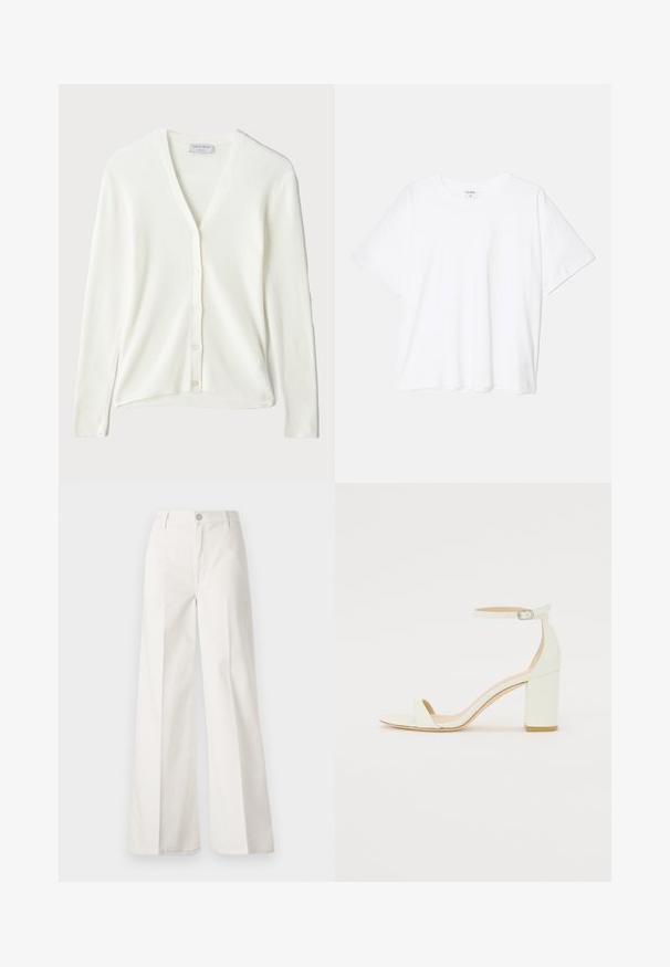 Weißer, gerippter Cardigan mit V-Ausschnitt, langen Ärmeln und Knopfverschluss an der Vorderseite. Weicher Stoff und lockere Passform.; Weißes Baumwoll-T-Shirt mit kurzen Ärmeln, runder Halslinie, lockerer Passform und genähtem Saum. Etikett sichtbar am inneren Kragen.; Weiße weite Hosen aus Baumwolle mit glatter Textur. Sie verfügen über einen vorderen Knopf, einen Reißverschluss und ein Design mit vier Taschen.; Weißes Leder-Sandale mit Blockabsatz, die ein Knöchelriemen mit einer Schnalle und ein minimalistisches Design aufweist. Offene Zehen und glatte Texturen im gesamten Design.