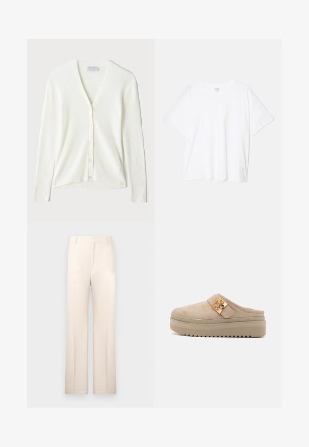 Weißer, gerippter Cardigan mit V-Ausschnitt, langen Ärmeln und Knopfverschluss an der Vorderseite. Weicher Stoff und lockere Passform.; Weißes Baumwoll-T-Shirt mit kurzen Ärmeln, runder Halslinie, lockerer Passform und genähtem Saum. Etikett sichtbar am inneren Kragen.; Beige maßgeschneiderte Hose mit geradem Schnitt, aus leichtem Stoff gefertigt. Sie verfügt über Vorderfalten und einen klassischen Bund.; Beige Wildleder-Plateausandalen mit einer dicken, strukturierten Sohle, die ein hervorgehobenes goldfarbenes Metallelement am verstellbaren Riemen aufweisen.