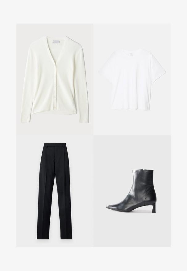 Bílý žebrovaný cardigan se vzhledem do V, dlouhými rukávy a knoflíkovým zapínáním vpředu. Měkká textura a uvolněný střih.; Bílý bavlněný tričko s krátkým rukávem, kulatým výstřihem, volným střihem a šitým lemem. Nálepka viditelná na vnitřní straně výstřihu.; Černé kalhoty vyrobené z hladké tkaniny, vybavené vysokým pasem, širokými nohavicemi, předními záhyby a klasickými poutky na opasek. Nejsou viditelné boční kapsy.; Černé kožené kotníkové boty s špičatou špičkou a elegantním designem. Mají nízký podpatek a zipové zapínání na zadní straně. Hladká textura.
