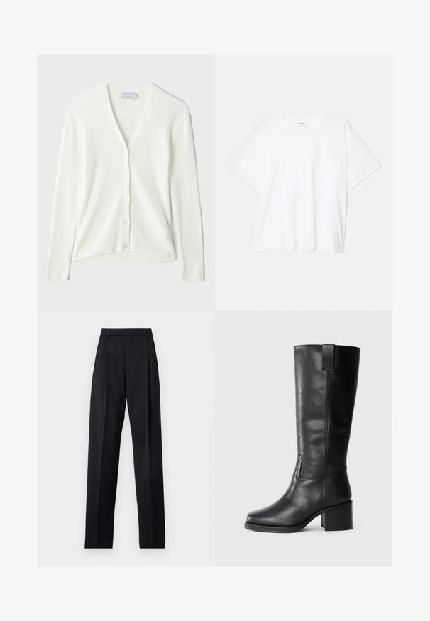 Cardigan blanc en maille côtelée avec un col en V, des manches longues et une fermeture à boutons sur le devant. Texture douce et coupe décontractée.; T-shirt en coton blanc avec des manches courtes, un col rond, une coupe décontractée et un ourlet cousu. Étiquette visible à l'intérieur du col.; Pantalon noir en tissu lisse avec taille haute, jambes larges, plis à l'avant et passants de ceinture classiques. Pas de poches latérales visibles.; Bottes en cuir noir montantes, avec une texture lisse, un nez carré, un talon bloc et une languette sur le côté, présentant des coutures minimales.