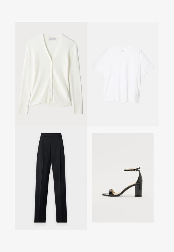 Vitribbad cardigan med V-ringning, lång ärm och knappstängning framtill. Mjuk textur och avslappnad passform.; Vit bomull t-shirt med kort ärm, rund halsringning, avslappnad passform och söm i nederkant. Etikett synlig på insidan av halsen.; Svarta byxor i mjukt tyg med hög midja, vida ben, framfickor och klassiska bältesöglor. Inga sidofickor synliga.; Svart lacklädersandal med bred klack, öppen tå och ankelsnöre med ett gyllene spänne. Slät textur och elegant design.