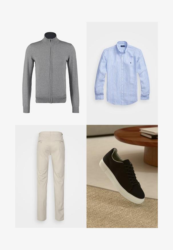 Cardigan grigio con zip, dotato di colletto e polsini a costine, con una texture liscia e una forma aderente. Nessun motivo o accento visibile.; Camicia a maniche lunghe a righe bianche e blu in cotone, con colletto button-down, bottoni frontali e un piccolo logo ricamato sul petto.; Pantaloni beige con una texture liscia, taglio dritto, due tasche posteriori con bottoni e vita standard.; Sneaker nero con suola bianca che flotta sopra un tappeto beige testurizzato vicino a un tavolo rotondo in legno con libri impilati.