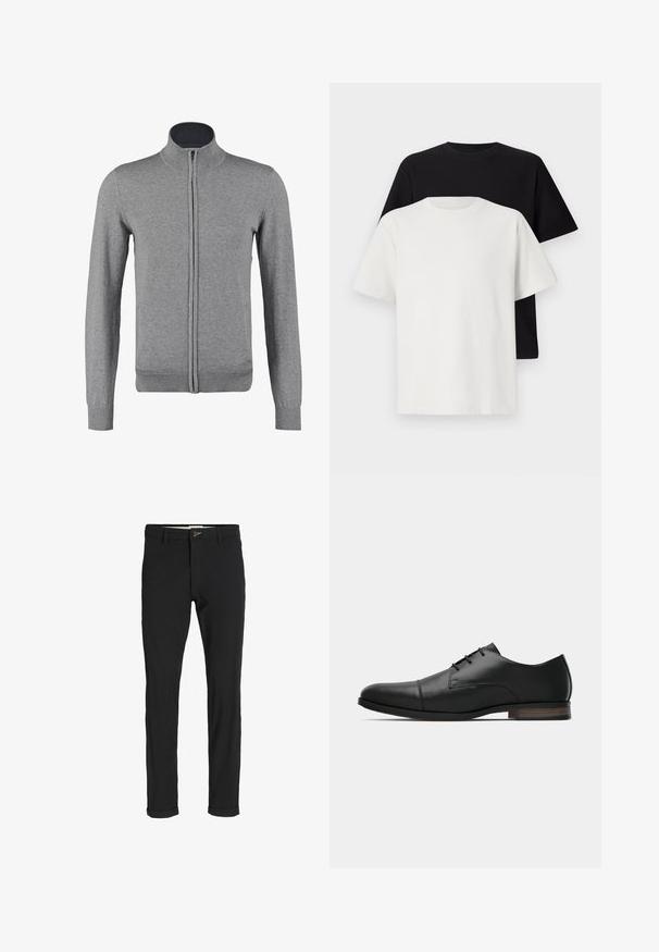 Gray zip-up cardigan with a ribbed collar and cuffs, featuring a smooth texture and fitted shape. No visible patterns or accents.; Cotton t-shirt set featuring a black top and a white top, both with short sleeves, round neckline, and standard fit. Textured fabric.; Black cotton blend pants with a slim fit, featuring a button closure, pockets, and rolled cuffs for a casual finish.; Black leather men's oxford dress shoe with rounded toe, cap toe stitching, three lace eyelets, and low stacked brown heel, side view.