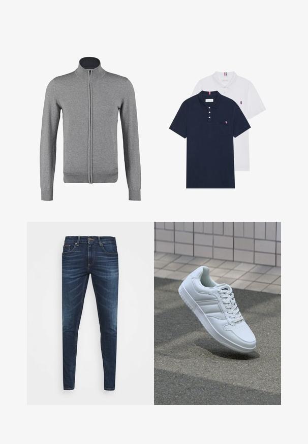 Gray zip-up cardigan with a ribbed collar and cuffs, featuring a smooth texture and fitted shape. No visible patterns or accents.; Two polo shirts: one navy blue and one white, both with a small red, white, and blue accent on the chest pocket and collar.; Dark blue denim jeans with a slim fit, subtle fade, five pockets, and a metal button closure. Stitched accents in contrasting color.; White athletic sneaker with smooth leather upper, lace-up front, perforated toe, and patterned sole. Minimalist design with three side stripes.