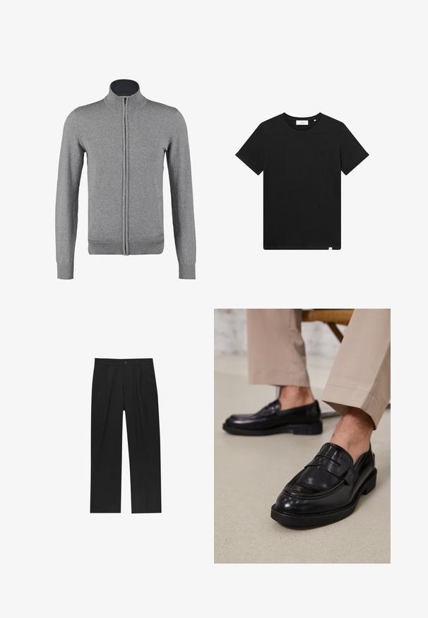 Grå zip-up cardigan med ribbet krave og manchetter, der har en glat tekstur og en tætsiddende form. Ingen synlige mønstre eller accenter.; Sort kortærmet T-shirt lavet af bomuld, med rund hals og et lille logo broderet på brystet. Glat tekstur, standard pasform.; Sorte bukser med lige ben, lavet af et glat stof. Har frontfolder og en enkelt knaplukning i taljen.; Sorte lædermokkasiner med en glat overflade, der har en dekorativ rem og kontraststing, parret med beige bukser.