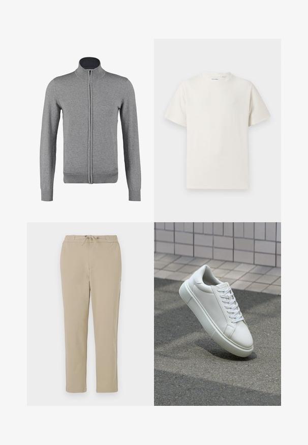 Cárdigan gris con cremallera, con cuello y puños acanalados, que presenta una textura suave y una forma ajustada. Sin patrones ni acentos visibles.; Camiseta blanca de manga corta en textura acanalada. Cuello redondo, corte relajado, sin patrones ni acentos visibles. Diseño simple y versátil.; Pantalones de lounge beige con cinturilla elástica y cordón, que presentan un diseño de pierna recta y una textura suave y lisa.; Zapatilla de cuero blanca con una superficie lisa, punta redonda y cordones blancos planos. Presenta una suela de goma texturizada y elementos de diseño mínimos.