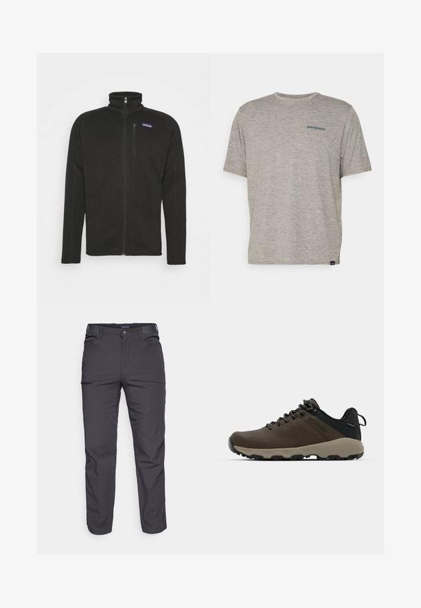 Must mustega fliisdžakk kõrge kaelusega, täispika tõmblukuga, küljetaskute ja väikese logoga rinnal. Tekstuurseid materjale.; Hall tootega hall T-särk lühikeste varrukatega, pehmest tekstuuriga kangast, millel on vasakul rinnal väike sinine Patagonia logo. Täiendavaid mustreid pole.; Tumed hallid püksid, mis on valmistatud vastupidavast kangast, varustatud lukuga tasku, sirge lõikega ja vööaasadega, et sobivust kohandada.; Kohandatud veekindlad pruunid spordijalatsid tekstuuriga pealisega, perforatsioonidega detailid, must kandetoetav osa ja hall kummine sisetald. Paelad on metallist otstega.