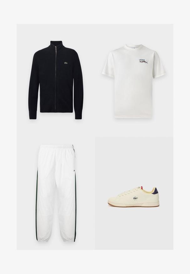 Black zip-up sweater with ribbed collar and cuffs, made from knit material. Features a small green logo on the left chest area.; White cotton T-shirt with a round neckline, short sleeves, and a small embroidered logo featuring mountains and text on the left chest.; White track pants with dark green side panels. Lightweight material, elastic waistband, and cuffed hems. Features mesh texture on side panels.; Lacoste sneaker in cream leather with a textured finish. Features a rubber sole, lace-up front, navy heel, and embroidered logo.