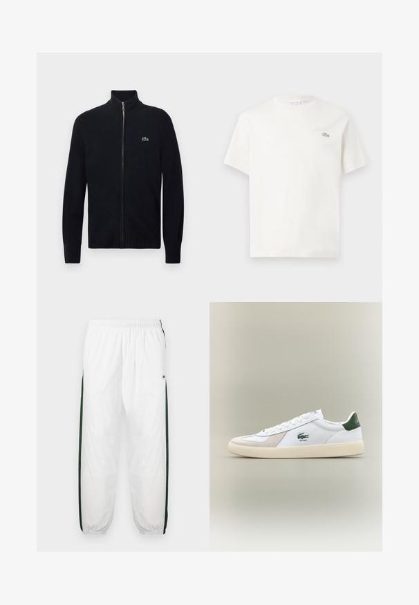 Maglione nero con zip, colletto e polsini a coste, realizzato in materiale lavorato a maglia. Presenta un piccolo logo verde sul lato sinistro del petto.; T-shirt bianco in cotone con maniche corte, caratterizzato da un logo ricamato discreto e un design minimalista. Tessuto morbido, scollo a girocollo.; Pantaloni da tuta bianchi con pannelli laterali di un verde scuro. Materiale leggero, vita elasticizzata e orli a costine. Presentano una texture in rete sui pannelli laterali.; Sneaker bianca con accenti verdi, materiali in suede e pelle, punta arrotondata, suola testurizzata e logo ricamato sui lati e sulla linguetta.