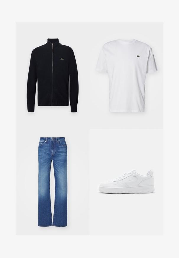 Čierny sveter so zipsom, s rebrovaným golierom a manžetami, vyrobený z pleteného materiálu. Na ľavej strane hrudníka sa nachádza malé zelené logo.; Biele bavlnené tričko s okrúhlym výstrihom, krátkymi rukávmi a malým zeleným vyšitým logom na hrudi. Klasický rovný strih.; Modré deninové džínsy so strihom rovného nohavicu, s vyblednutým umývaním, piatimi vreckami a zapínaním na gombík a zips v páse.; Biele kožené tenisky s perforovanou špičkou, plochými šnúrkami a vypolstrovaným límcom. Obsahujú embosované logo na boku a textúrovanú gumovú podrážku.