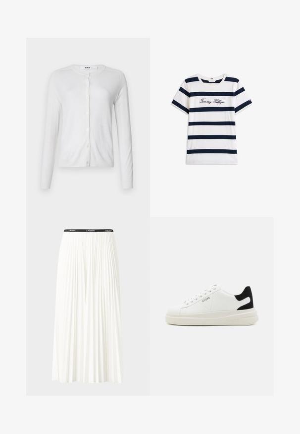 Hvit cardigan laget av mykt stoff, med lange ermer, rund halslinning, og en frontlukking med knapper i matchende størrelse.; Koftet laget av bomull har horisontale marineblå striper på hvit bakgrunn. "Tommy Hilfiger" brodert i kursiv på brystet. Rund hals.; Plissert hvit skjørt med en svart elastisk midje som har "LACOSTE"-logoen. Midjelengde design med myk tekstur.; Hvite lær sneakers med tykk hvit såle, svart semsket hælforsterkning og preget logo på siden. Snøresystem med seks hull.