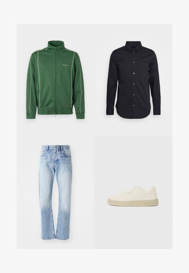 Grønn zip-up jakke med høy krage, laget av et glatt materiale. Har hvite kanter langs sømmene og ribbestrikket midje.; Svart langermet knappeskjorte laget av glatt stoff, med klassisk krage, hel lengde ermer og en liten logo på brystet.; Lyse blå denimjeans med rett ben. Har fem lommer, knappestolpe og en falmet tekstur mot bunnen.; Hvite lerrets sneakers med en teksturert gummisåle, med en sydd tåhette og logo aksent på hælen. Enkel snøring.