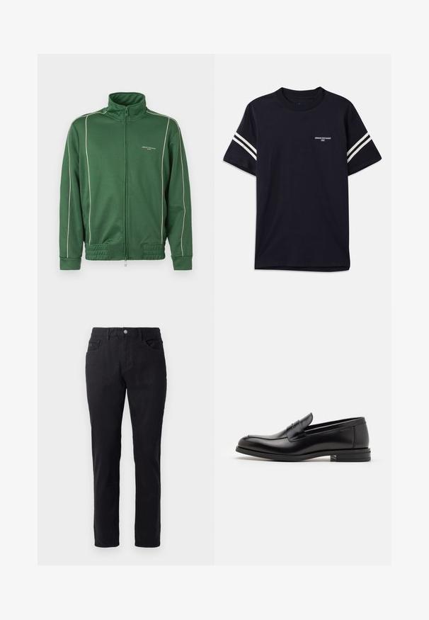 Zöld, cipzáras dzseki magas gallérral, sima anyagból készült. Fehér díszvarrással van ellátva az oldalsó varrások mentén és bordázott derékpántja van.; Sötétkék pamut póló, kerek nyakkal, rövid ujjakkal és fehér csíkokkal a vállakon, mellkasán nyomtatott logóval.; Fekete pamut nadrág egyenes szabással, gombos záródással, két elülső zsebbel és sima textúrával.; Fekete bőr loaferek sima textúrával, kerek orral és dekoratív pánttal a vampnál. Alacsony, rétegelt sarkú, minimalista dizájn.