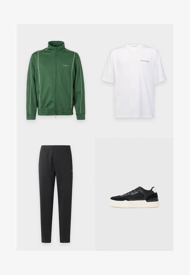 Grüne Jacke mit Reißverschluss und hohem Kragen, aus einem glatten Material hergestellt. Verfügt über weiße Paspelierung entlang der Nähte und einen gerippten Bund.; Weißes kurzärmliges T-Shirt aus Baumwolle mit V-Ausschnitt, mit einem schwarzen "FILLING PIECES" Logo, das auf der linken Seite gedruckt ist.; Schwarze Jogginghosen aus weichem Stoff, mit einem elastischen Bund, geraden Beinen und einem kleinen Logodetail an der Seite.; Schwarze Sneaker aus Mesh und Leder, mit einer dicken weißen Sohle und kontrastierenden Akzenten. Schnürsenkel und Logo-Details an der Seite.