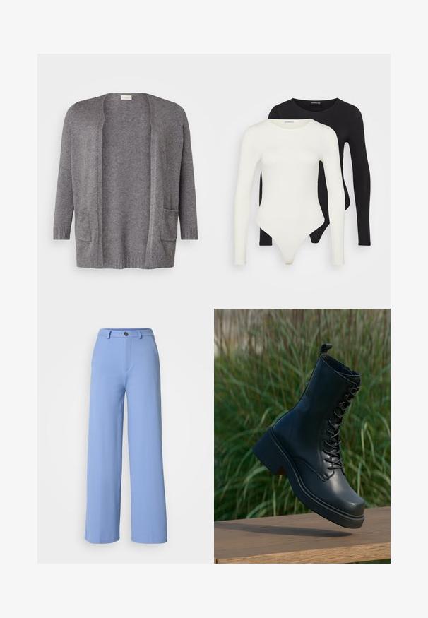 ONLY Carmakoma CARESLY OPEN - Kardigán - chocolate torte melange; Dve body s dlhým rukávom v bielej a čiernej farbe. Vyrobené z hladkej tkaniny, s okrúhlym výstrihom a nohavičkovým dnom pre pohodlné nosenie.; Svetlo modré široké nohavice vyrobené z hladkej tkaniny. Obsahujú predné zapínanie na gombík a pútka na opasok, s prispôsobeným dizajnom a čistými líniami.; Čierne kožené členkové topánky s okrúhlou špičkou, viazaním vpredu a hrubým, robustným podpätkom. Obsahujú podrobné prešívanie a hladký povrch.