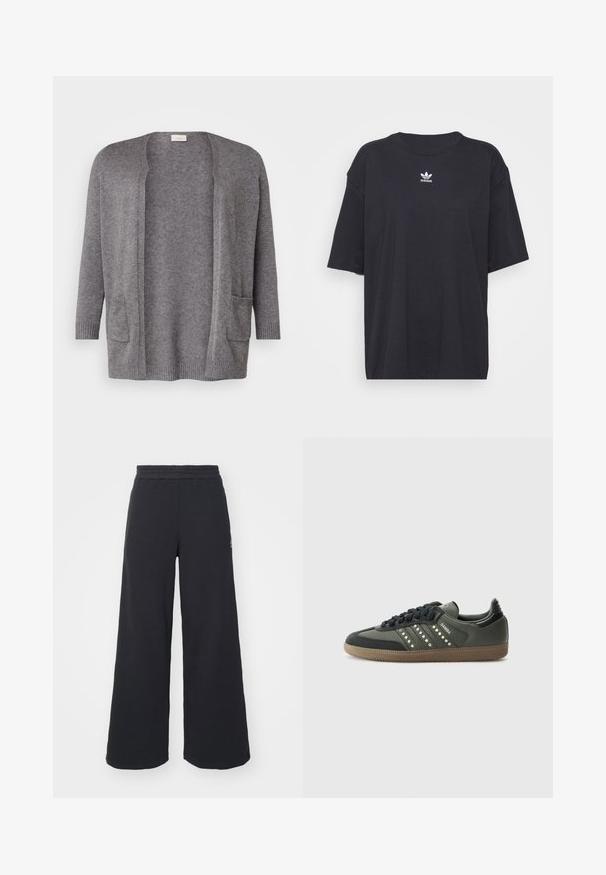 ONLY Carmakoma CARESLY OPEN - Kofta - chocolate torte melange; Svart bomullströja med korta ärmar, rund halsringning, har en vit Adidas-logotyp på bröstet. Enkel design, avslappnad passform.; Svarta vida sweatpants tillverkade av mjukt tyg, med ett elastiskt midjeband och en liten logotyp på vänster sida.; adidas Originals SAMBA OG - Sneakers - core black/legend earth/gum