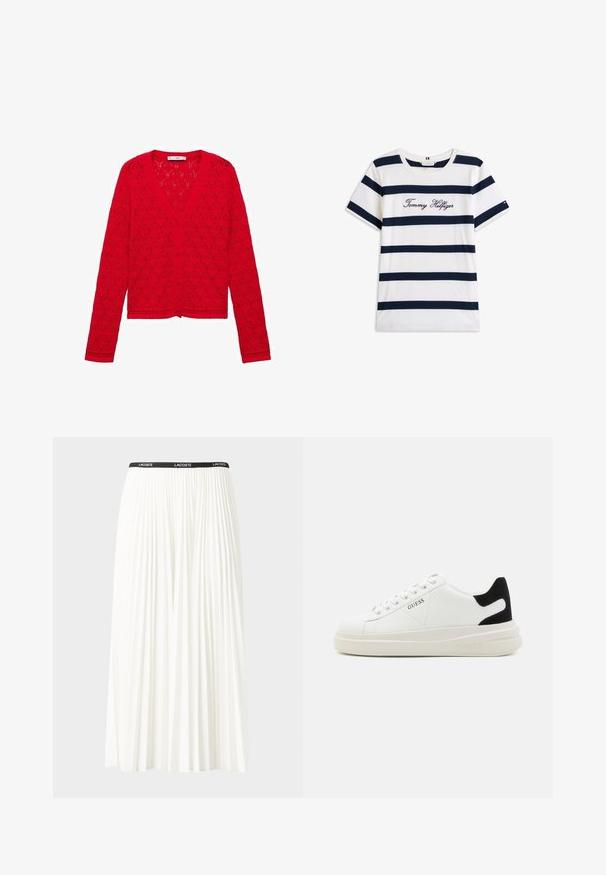 Punainen neulecardigan, jossa on V-pääntie, pitkät hihat ja pitsikuvio. Ominaisuuksina nappikiinnitys ja koristeellinen helma alhaalla.; Puuvillainen t-paita, jossa on vaakasuoria tummansinisiä raitoja valkoisella taustalla. "Tommy Hilfiger" brodeerattu kursiivilla rintamuksessa. Pyöreä kaula-aukko.; Hame valkoinen pliseerattu hame mustalla joustavalla vyötäröhihnalla, jossa on "LACOSTE"-logo. Puolipitkä malli pehmeällä tekstuurilla.; Valkoiset nahkakengät paksulla valkoisella pohjalla, mustalla mokkanahkaosuudella kannassa ja kohokuvioitu logo sivulla. Nauhakeskitys kuudella reiällä.