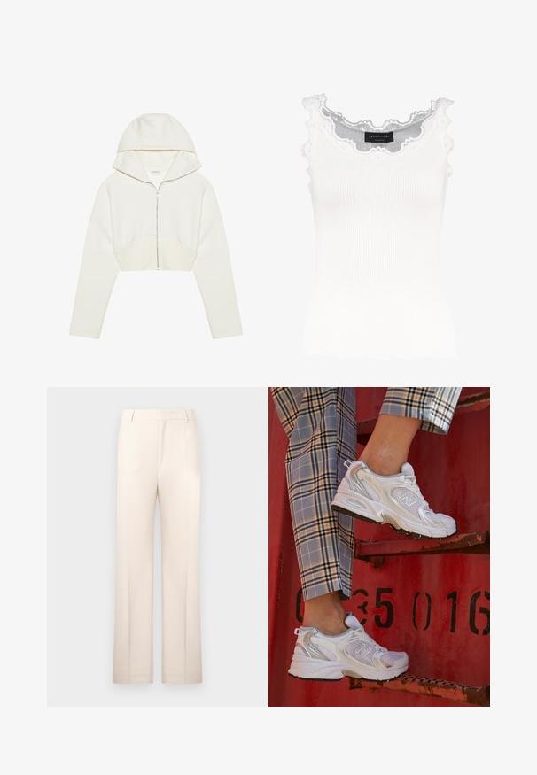 Hvid cropped zip-hoodie med hætte, blødt stof, lange ærmer og en sømdetalje foran. Glat tekstur og metallisk lynlås.; Hvid ribbet tanktop med blondekanter ved halsudskæringen og ærmerne. Har en blød tekstur og en tætsiddende pasform. Mærket er synligt indeni.; Beige skræddersyede bukser med lige ben, lavet af letvægtsstof. Har frontfolder og en klassisk talje.; Hvide mesh sneakers med sølvdetaljer og en struktureret sål, placeret på en rød overflade, parret med ternede bukser.