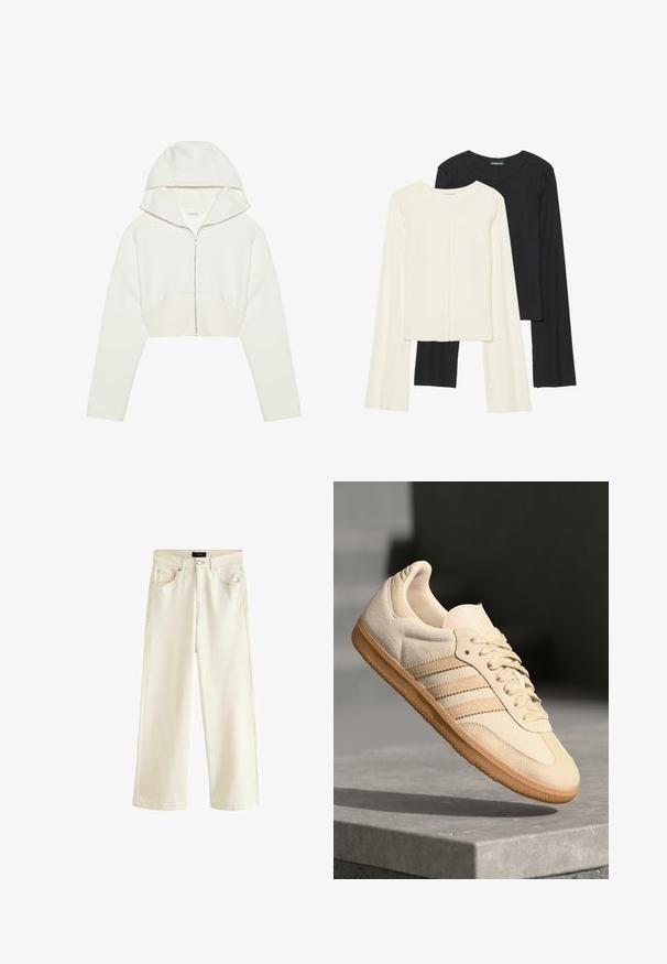 Valge lühendatud lukuga kapuutsiga jakki, pehme kangas, pikad varrukad ja õmblusdetail ees. Sile tekstuur ja metalline lukku.; Kaksik Eri pikkusega valge ja musta värvi pikkade varrukatega topsi. Ribikstruktuur, ümar kaelus, lihav disain, veidi laienevate varrukatega.; Laiad püksid heledast beežist denimist, millel on nööbikinnitus, viis taskut ja sile tekstuur. Lihtne ja kaasaegne disain.; Hele beeži sueded spordijalatsid, millel on kummist välistald, kolm diagonaalset triipu ja tekstuuriga varvaste katus. Omab logo keelel ja külgedel.