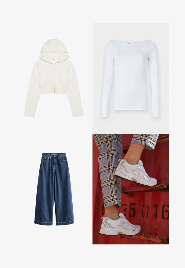 Biely skrátený zipsový mikinový sveter s kapucňou, mäkká látka, dlhé rukávy a ševový detail vpredu. Hladká textúra a kovový zips.; Biela košeľa s dlhým rukávom z bavlneného zmesi, s okrúhlym výstrihom a priliehavým strihom. Bez viditeľných vzorov alebo akcentov.; Džíny s širokými nohavicami v tmavomodrej farbe. Vyrobené z odolnej bavlny, s vysokým pásom, prednými vreckami a rovnými, skrátenými okrajmi so zjavnými stehnami.; Biele sieťkové tenisky so striebornými detailmi a textúrovanou podrážkou, umiestnené na červenom povrchu, v kombinácii s károvanými nohavicami.