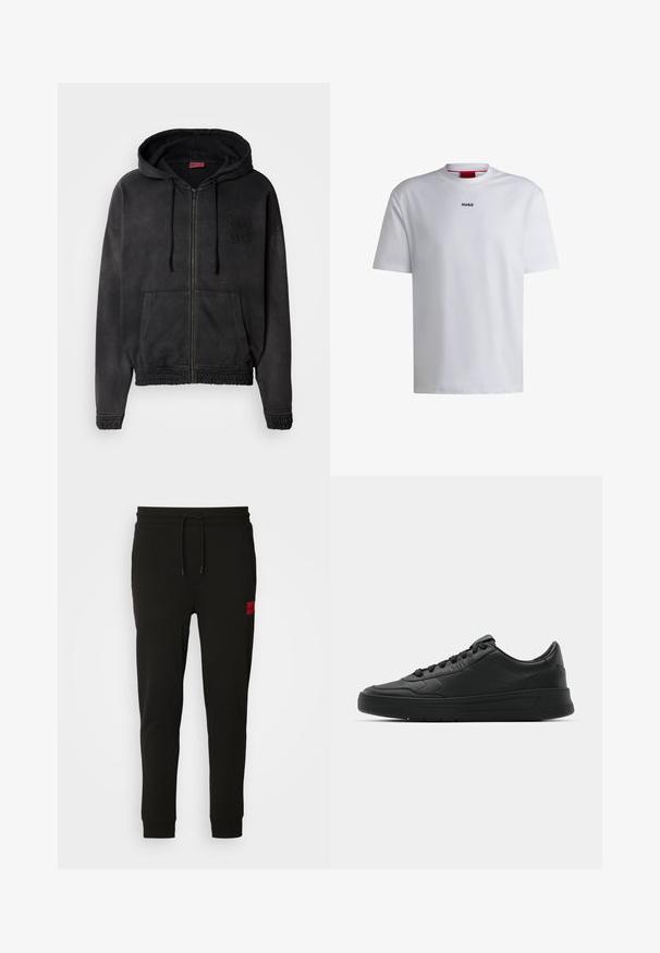 Čierna zipová mikina vyrobená z mäkkej látky, s prednou vreckom, rebrovanými manžetami a vyšitým logom "HUGO" na hrudi.; Biely bavlnený tričko s krátkymi rukávmi, okrúhlym výstrihom a čiernym logom "HUGO" na hrudi. Hladký povrch, voľný strih, bez vzorov.; Čierne tepláky vyrobené z mäkkého materiálu, s nastaviteľným pásom, slim fit strihom a červeným logom na ľavom stehne.; Čierne tenisky s hladkým koženým zvrškom, okrúlym špičkou, plochými šnúrkami, polstrovaným golierom a minimalistickým dizajnom. Gumená podrážka s jemným vzorom behúňa.