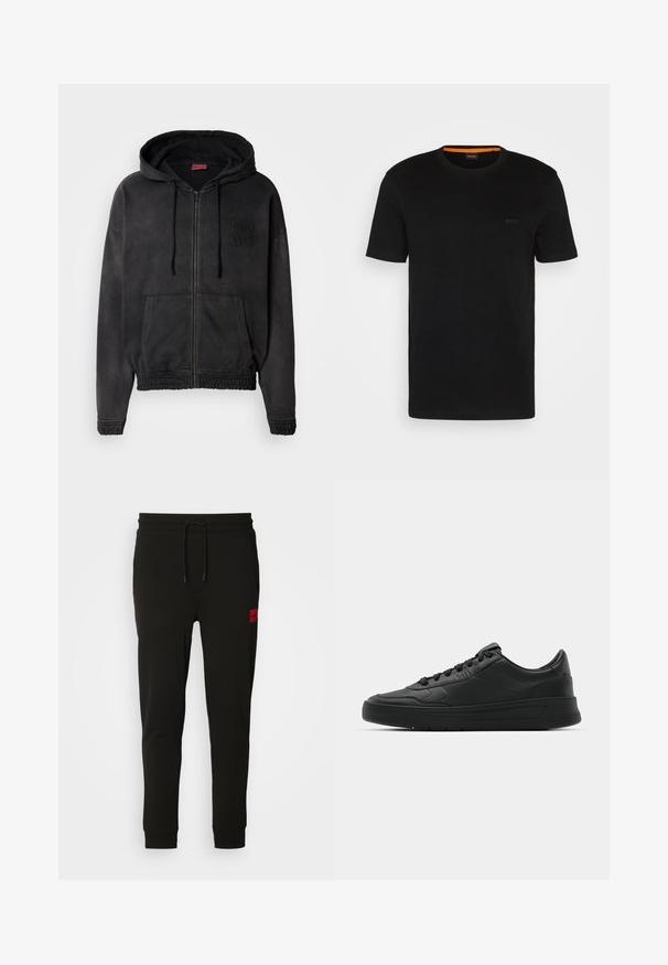 Musthave musta kapuutsiga jakk, mis on valmistatud pehmest kangast, esiküljel on tasku, soonikkoes mansetid ja rinna küljes on tikitud "HUGO" logo.; Must t-särk lühikeste varrukatega, valmistatud pehmest kangast, ümarate kaelustega ja esiküljel diskreetse logoga. Kaela sees on oranž aktsent.; Musta trenningpükste komplekt, mis on valmistatud pehmest kangast, jooned paisutamiseks, kitsas lõige ja punane logopatch vasakul reiel.; Mustmustel musta nahast ülemise osaga, ümmarguse varbaga, lamest paeltega, pehmendatud kaeluse ja minimalistliku disainiga. Kummist tald, millel on peen tihenemine.