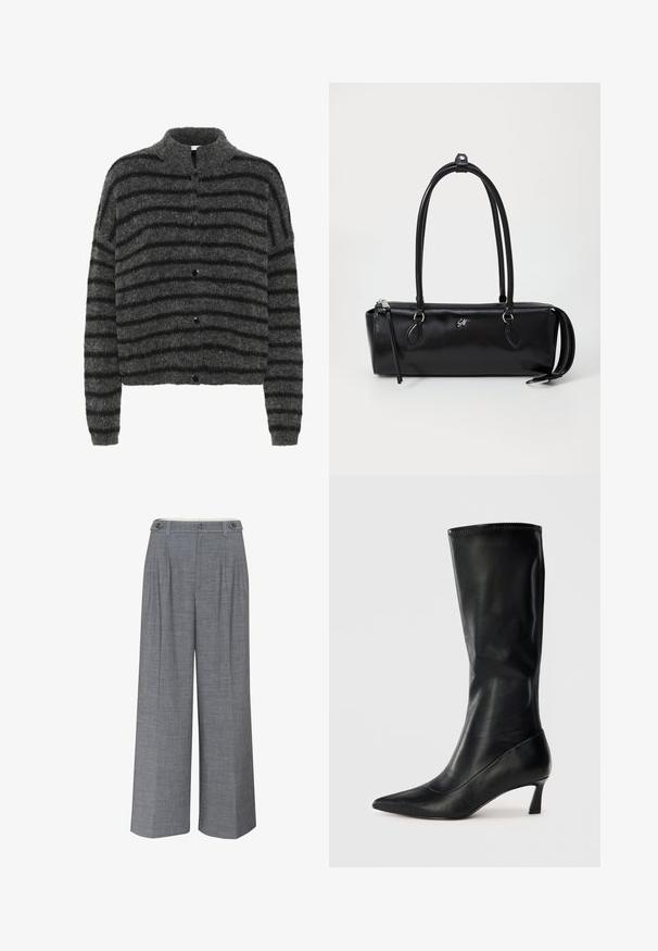 Cardigan grigio fuzzy con strisce orizzontali nere, dotato di colletto e cinque bottoni neri sul davanti. Tessuto morbido e dalla texture avvolgente.; Camicia bianca a maniche lunghe con colletto ampio, caratterizzata da una texture liscia e chiusura frontale con bottoni.; Pantaloni larghi grigi realizzati in tessuto testurizzato, con chiusura a doppio bottone e pieghe frontali per un tocco di design in più.; Stivale nero in pelle fino al ginocchio con punta a punta e tacco modesto. Texture liscia e design elegante con dettagli di cucitura discreti.; Borsa a tracolla nera in pelle di forma rettangolare, con una superficie liscia, due manici, chiusura con zip e un piccolo logo sulla parte anteriore.