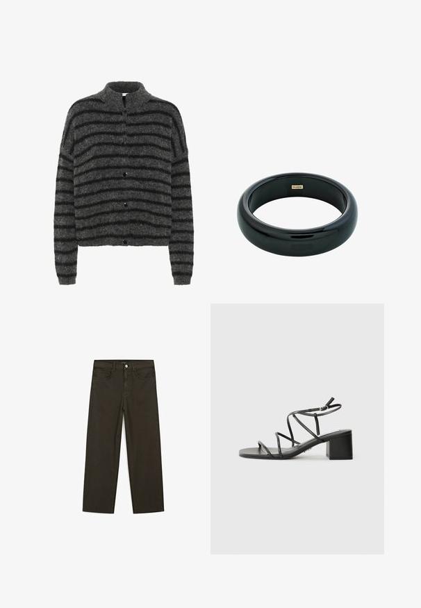 Vloze, grijze cardigan met zwarte horizontale strepen, voorzien van een kraag en vijf zwarte knopen aan de voorkant. Gelaagd, zacht materiaal.; Massimo Dutti HALTER NECK - Top - dark brown; Donkergroene wijde jeans van een katoenmix, met een sluiting met een voorste knop, vijf zakken en klassieke denimstiksels.; Zwarte sandaaltjes met bandjes, vierkante neus en een chunky hak, gemaakt van soepel materiaal. Heeft verstelbare enkelbandjes en minimale hardware.; Zwarte hars bangle armband met een gladde, glanzende oppervlakte en ronde randen. Bevat een klein goudkleurig "Pilgrim" logo aan de binnenzijde.
