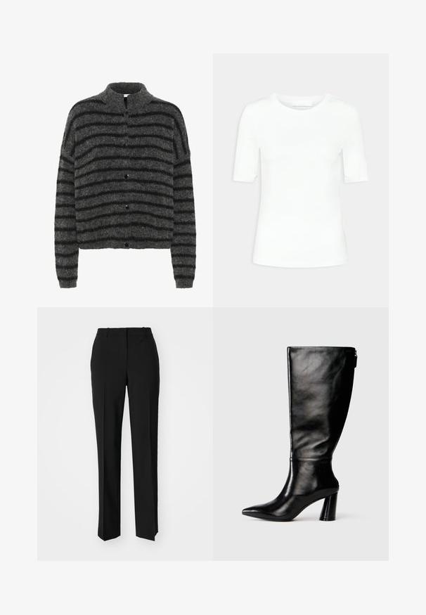 Ullent, grå cardigan med sorte horisontale striper, med krage og fem sorte knapper foran. Teksturert, mykt materiale.; Hvit kortermet t-skjorte laget av myk bomull. Har en rund halslinning og en tettsittende silhuett uten mønstre eller synlig maskinvare.; Sorte skreddersydde bukser med rett silhuett, med en glatt tekstur og klare pressede bretter foran. Ingen synlig maskinvare.; Knæhøye svarte lærstøvler med spiss tå, glatt tekstur og tykk hæl. Har glidelåsdetalj på baksiden.
