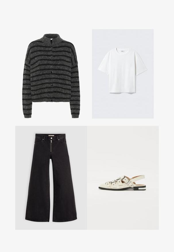 Cardigan difuso y gris con rayas horizontales negras, que presenta un cuello y cinco botones negros en la parte delantera. Material suave y texturizado.; Camiseta blanca de manga corta en suave tejido de algodón, con cuello redondo y corte relajado con dobladillo recto, lisa sin patrones ni gráficos.; Jeans de pierna ancha en denim negro con cierre frontal, diseño de cinco bolsillos y detalles de costura sutiles. Textura suave y estilo casual.; Sandalias slingback de cuero blanco con múltiples correas anchas y hebillas plateadas; suela plana con un pequeño tacón negro y acentos metálicos.