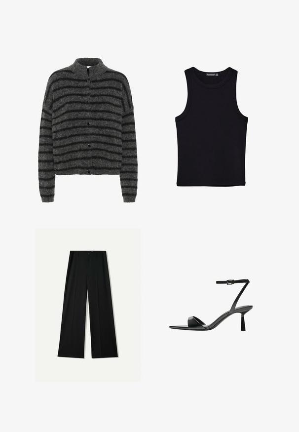 Džemper od mekog, sivog materijala s crnim horizontalnim prugama, koji ima ovratnik i pet crnih dugmadi sprijeda. Tekstura je mekana.; Crni top bez rukava od pamuka, s okruglim izrezom i širokim izrezima za ruke. Glatka tekstura s ušivenim rubovima. Klasičan, minimalistički dizajn.; Bershka WIDE - Hlače - black; Bershka Sandale s visokom petom - black