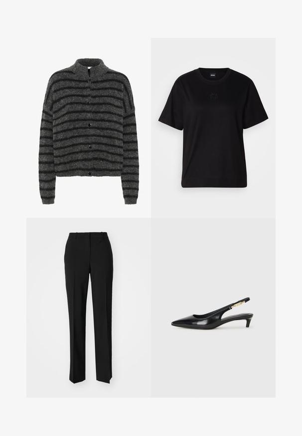 Fuzzy, gray cardigan with black horizontal stripes, featuring a collar and five black buttons down the front. Textured, soft material.; Black cotton t-shirt with a crew neckline, short sleeves, and an embroidered logo on the chest. Simple, relaxed fit with no patterns.; Black tailored trousers with a straight-leg design, featuring a smooth texture and crisp creases along the front. No visible hardware.; Black leather slingback heels with a pointed toe, featuring a slim heel and a gold-tone accent on the adjustable strap. Smooth texture.