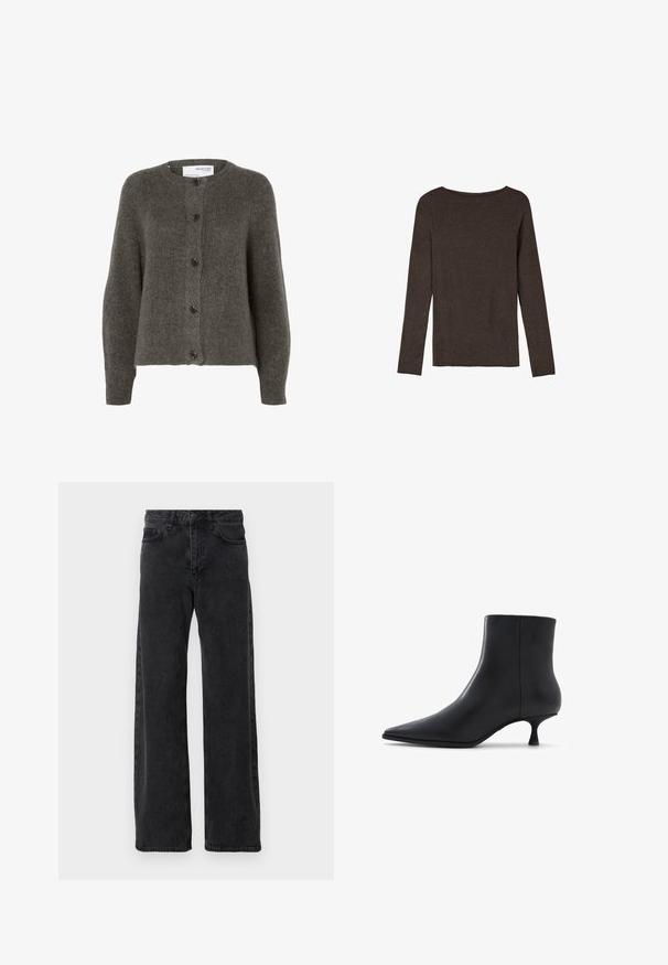 Kardigan in Anthrazitgrau aus weichem Stoff, mit Rundhalsausschnitt, langen Ärmeln und fünf Knopfverschlüssen auf der Vorderseite.; Langärmliges, braunes Oberteil aus strukturiertem Stoff, mit einem runden Ausschnitt und einer einfachen, taillierten Silhouette ohne sichtbare Verzierungen.; Schwarze Denim-Jeans mit weitem Bein, klassischen fünf Taschenstil, Knopfverschluss und subtiler Waschung.; ALDO EMMALIE - Stiefelette - black