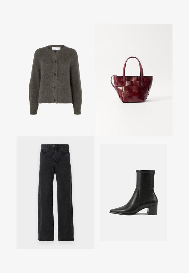 Koolgrijze cardigan van zachte stof, met een ronde hals, lange mouwen en vijf knoopsluitingen aan de voorkant.; Lange mouwen bruine top gemaakt van textuurstof, met een ronde halslijn en een eenvoudige, getailleerde silhouet zonder zichtbare versieringen.; Zwarte denim jeans met een wijd pijpdesign, voorzien van de klassieke vijf-pocket stijl, knoopsluiting en subtiele vervaging.; Zwarte enkelboot van soepel leer, met een spitse neus, een blokhak en duidelijke verhoogde stiksels aan de bovenrand.; Geweven bordeaux leren tote bag met twee korte handvatten en een afneembare schouderriem. Heeft een gestructureerde vorm en een gladde textuur.