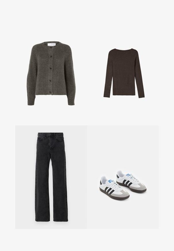 Uhlově šedý kardigan vyrobený z měkké tkaniny, s kulatým výstřihem, dlouhými rukávy a pěti knoflíkovými uzávěry vpředu.; Hnědý top s dlouhým rukávem vyrobený z texturované tkaniny, se zaobleným výstřihem a jednoduchým přiléhavým střihem bez viditelných ozdob.; Černé džíny s širokým střihem, klasického pětivreckového designu, se zapínáním na knoflík a jemným blednutím.; Sportovní boty s bílým koženým svrškem, šedou semišovou špičkou a třemi černými pruhy. Obsahují modré logo na jazyku a texturovanou gumovou podrážku.