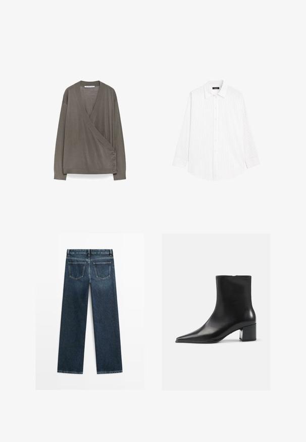 Bruine lange mouw wikkelcardigan met vier knopen aan de onderzijde rechts en een V-hals.; Witte blouse met verticale lichtgrijze strepen, spreidkraag, lange mouwen en een ontspannen pasvorm. Gemaakt van lichte stof.; Donkerblauwe spijkerbroek met een rechte snit, voorzien van twee achterzakken en zichtbare stiksels langs de naden en randen.; Zwarte leren enkellaars met een spitse neus, een soepele textuur en een middenblokhak. Minimalistisch ontwerp, ritssluiting aan de achterkant.