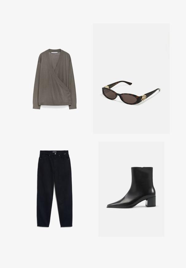 Bruine lange mouw wikkelcardigan met vier knopen aan de onderzijde rechts en een V-hals.; Witte overhemd met knopen gemaakt van katoen, met een borstzak en een klein geborduurd logo. Ontspannen pasvorm met een klassieke kraag en lange mouwen.; Zwarte denim jeans met een rechte pijp, vijf zakken en een knoopsluiting. De stof heeft een gladde textuur en minimale zichtbare stiksels.; Zwarte leren enkellaars met een spitse neus, een soepele textuur en een middenblokhak. Minimalistisch ontwerp, ritssluiting aan de achterkant.; Schildpadbril met langwerpige ovale lenzen, bruine tint, gouden logo-accenten op de pootjes en slanke zwarte armen.