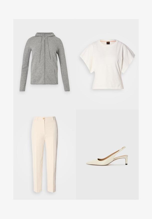 Siva zip-up dukserica napravljena od mekanog materijala, s kapuljačom na vezanje, dugim rukavima i bočnim džepovima, s glatkom teksturom i ležernim dizajnom.; Bijeli skraćeni T-shirt, široke kratke rukave, mekani pamučni materijal, okrugli izrez s suptilnim narančastim detaljem, minimalistički dizajn, bez uzoraka ili grafika.; Kremaste, hlače visokog struka napravljene od strukturirane tkanine. Imaju prednje kopčanje na dugme i sužene nogavice.; Cipele s otvorenim petama u boji off-white, od kože, s uskim vrhom, niskom petom i izrezbarenim dizajnom, glatke teksture i minimalnim detaljima.