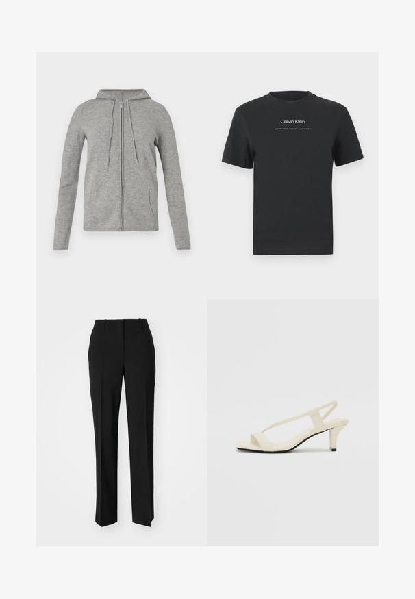 Felpa grigia con zip realizzata in tessuto morbido, dotata di cappuccio con cordino, maniche lunghe e tasche laterali, con una texture liscia e un design casual.; T-shirt in cotone nero con scollo rotondo, maniche corte e logo stampato bianco "Calvin Klein" insieme al testo "Established 1968".; Pantaloni neri su misura con un design a gamba dritta, caratterizzati da una texture liscia e pieghe ben definite sul davanti. Senza hardware visibile.; Sandali con tacco a blocco beige, con sottili cinturini e punta quadrata. Materiale liscio con dettagli minimi, progettati per un facile utilizzo.