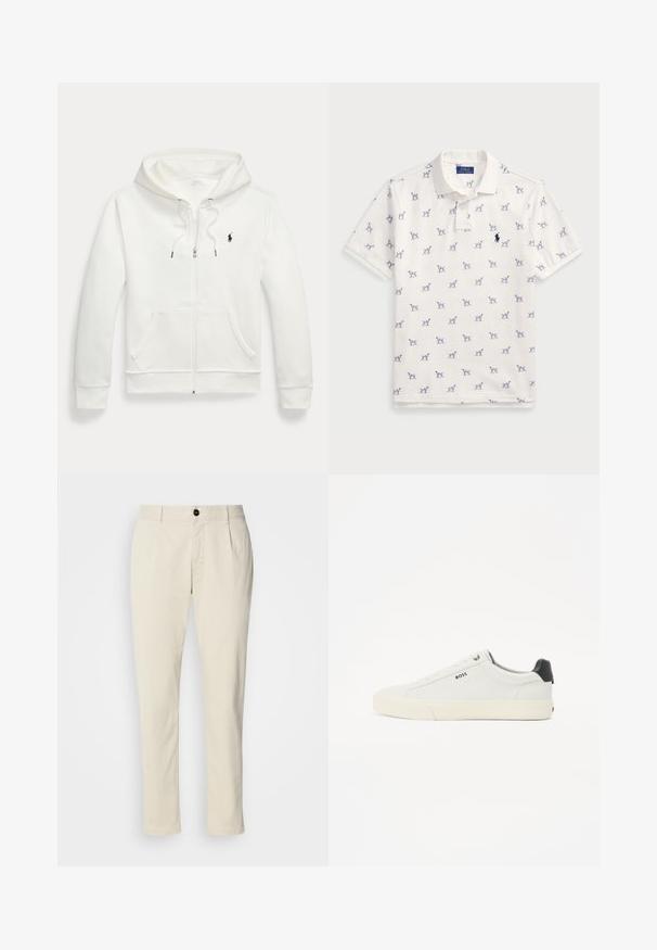 Balta užtraukiama džemperis, pagamintas iš minkštos medžiagos, su kengūros tipo kišene, reguliuojama gobtuve ir mažą juodą logotipą kairėje krūtinės pusėje.; Balta polo marškiniai, pagaminti iš medvilnės, su pasikartojančiu mėlynu šunų raštu ir mažuoju mėlynu logotipu ant krūtinės. Trumpomis rankovėmis ir apykakle.; Smėlio spalvos medvilniniai chinos kelnės su tiesiomis kojomis, su vieno mygtuko uždarymu ir diržo kilpomis. Lygus paviršius, minimaliai matomos siūlės.; Baltos odinės sportinės bateliai su tekstūruotu paviršiumi, juodu kulnas, apvali nosis ir juodas logotipas šone. Lengvas guminis padas.