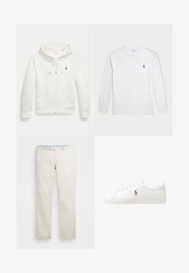 Sudadera blanca con cremallera fabricada en un tejido suave, con un bolsillo tipo canguro, capucha con cordón y un pequeño logo negro en el lado izquierdo del pecho.; Camiseta blanca de manga larga hecha de algodón. Presenta un cuello redondo, puños acanalados y un pequeño logotipo de polo azul marino en el lado izquierdo del pecho.; Chinos de algodón color beige con frente plano, presillas para cinturón y bolsillos laterales. Diseño de pierna recta con una textura suave y una sensación ligera y transpirable.; Zapatillas de cuero blancas, diseño de corte bajo, con una textura suave, puntera redonda, cordones en la parte delantera y un pequeño logo bordado en el lateral.