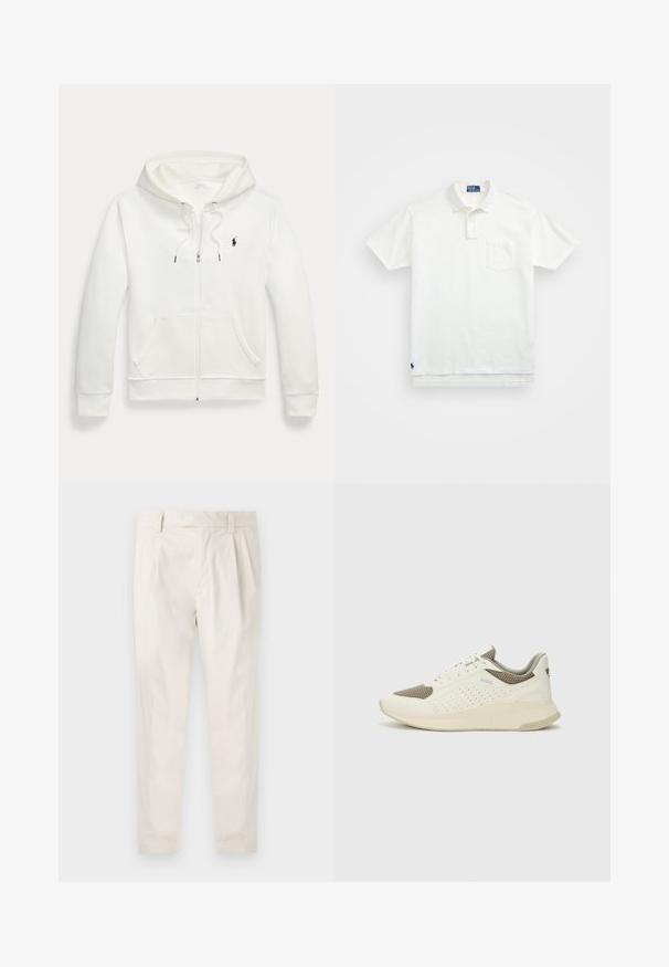 Hoodie blanc zippé en tissu doux, présentant une poche kangourou, une capuche avec cordon de serrage et un petit logo noir sur la poitrine gauche.; Polo shirt blanc en coton, avec un col classique, une patte de boutonnage à trois boutons et une poche sur la poitrine à gauche ; petit logo en bas.; Pantalons blancs plissés avec une coupe ajustée, dotés d'une texture lisse, de passants de ceinture et de jambes fuselées. Pas de poches visibles ni de motifs.; Basket de sport blanche et beige clair, avec une tige en maille, des détails perforés et une semelle intermédiaire texturée avec un logo sur le talon.